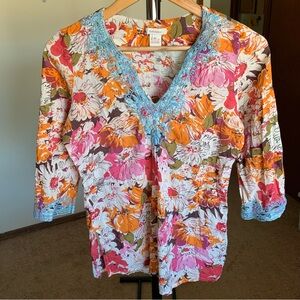 Sundance Floral 3/4 Sleeve V-Neck Top